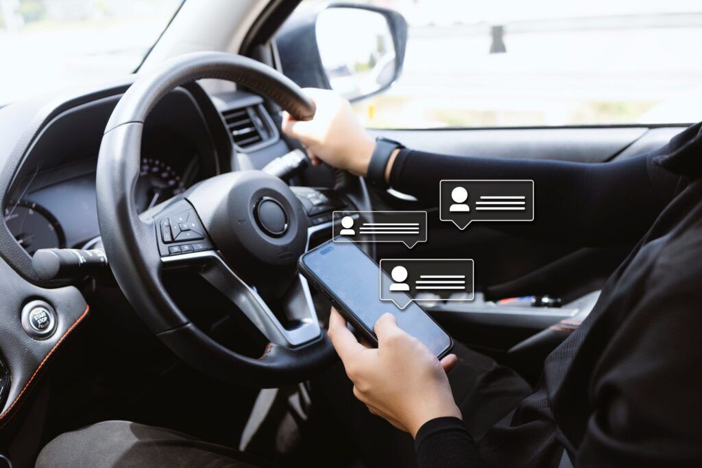 Teen driver distracted by phone while driving, illustrating Family Car Doctrine liability in an Edgewood car accident claim